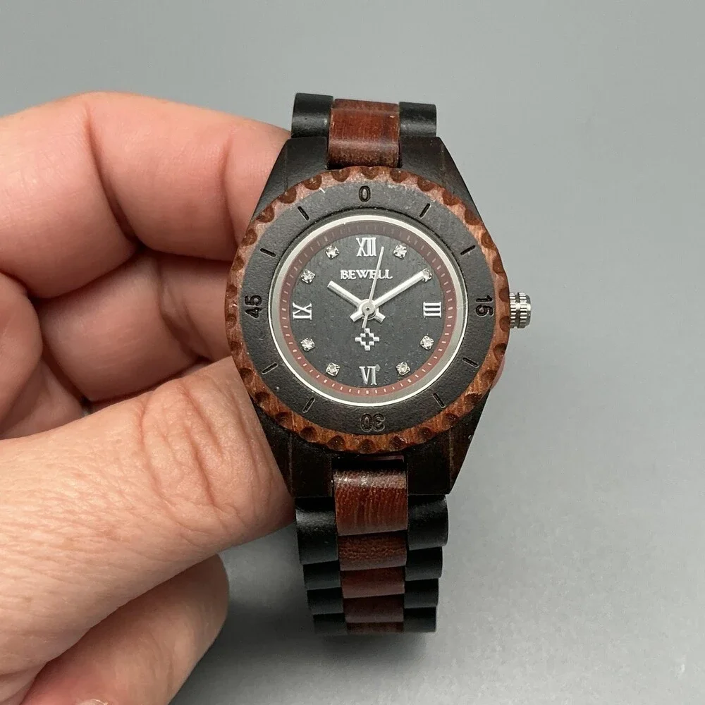 Bewell Womens Watch 31mm Black Dial Wood Bracelet Handcrafted New Battery 7.25